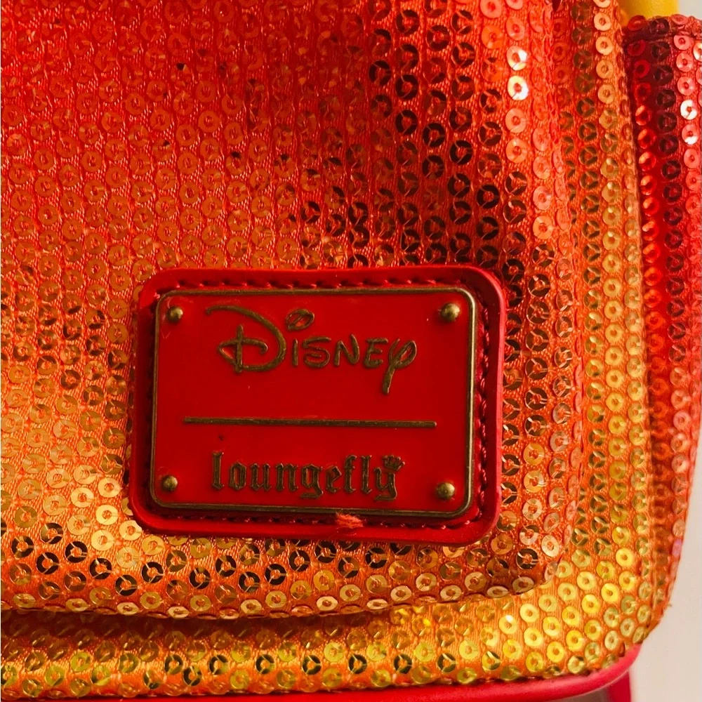 Loungefly Fall Sequin Ombré Minnie Red and Orange Sequin Backpack - Picture 2 of 16
